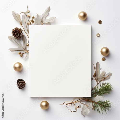 White blank paper greeting card with eco Christmas decorations, New year holidays festive mock up photo