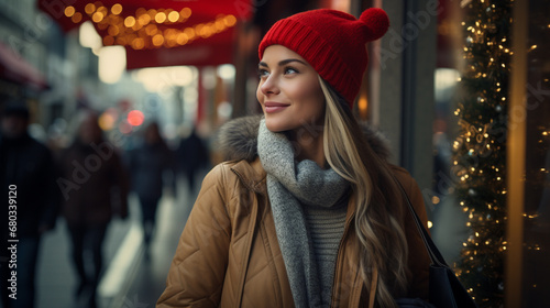 young woman in red beanie a...
