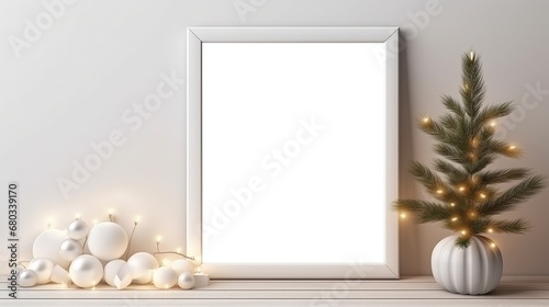 White blank picture frame with Christmas decorations, holidays festive mock up, Generative ai