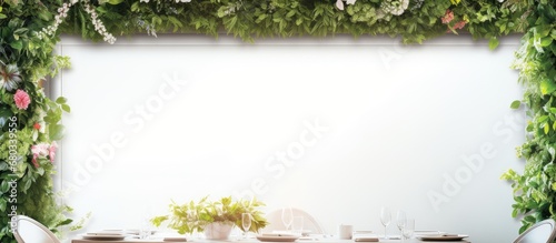In a beautifully designed restaurant, a white table adorned with a floral centerpiece and framed by delicate leaves brings the texture and beauty of nature into the summer ambiance. Isolated against a