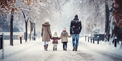 Happy family Father, mother and children are having fun and playing on snowy winter walk in nature. comeliness