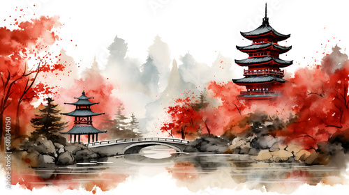 Paintings using watercolors and Chinese ink, Landscape with Japanese pagoda and mountains. photo
