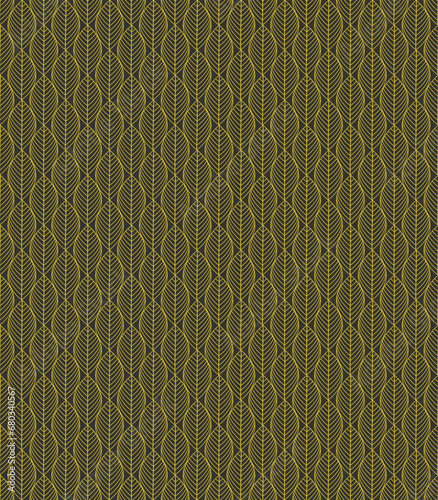 Golden geometric leaves on black, seamless pattern design