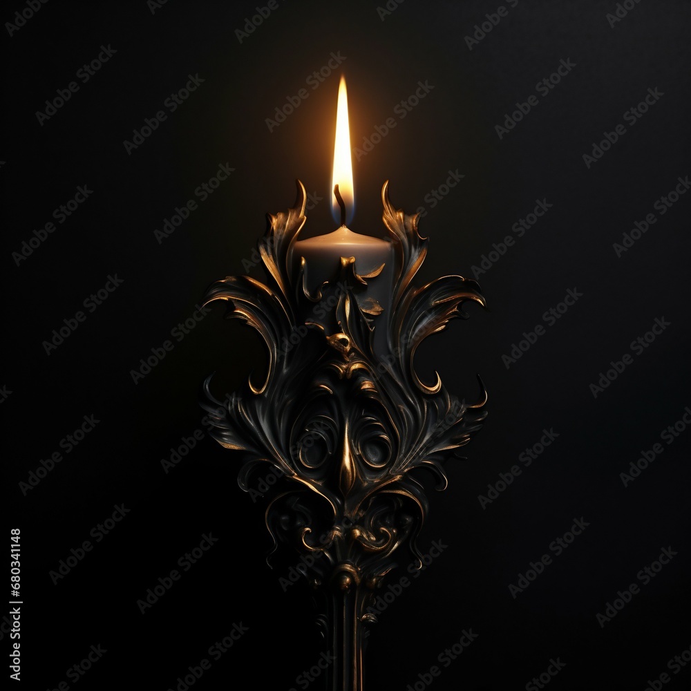Fototapeta premium Solitary Glow: Black Burning Candle on a Matching Black Background. Generative ai