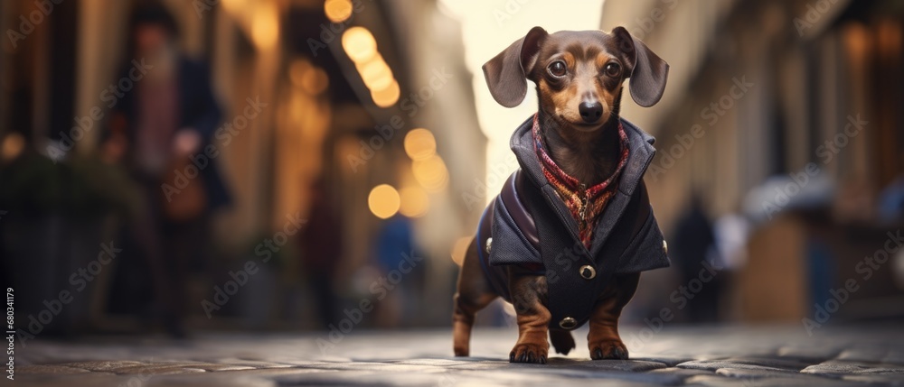 A dachshund dog wearing a jacket and a scarf. Generative AI. A dachshund dog wearing a jacket and a scarf. Generative AI.