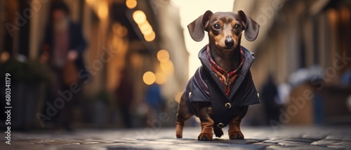 A dachshund dog wearing a jacket and a scarf. Generative AI.