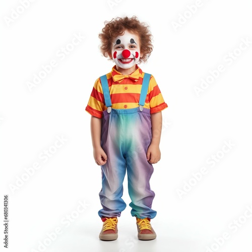 Halloween Delight: Cute Little Boy in Clown Costume Isolated on White. Generative ai
