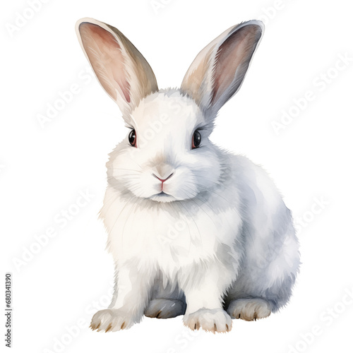 Watercolor White Bunny Rabbit in Soft Neutral Hues on Transparent Background