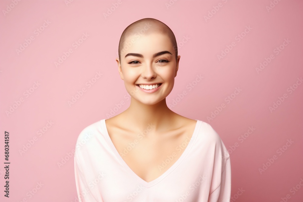Radiant Confidence: Smiling Young Woman with Bald Head on Pink Background. Generative ai Radiant Confidence: Smiling Young Woman with Bald Head on Pink Background. Generative ai
