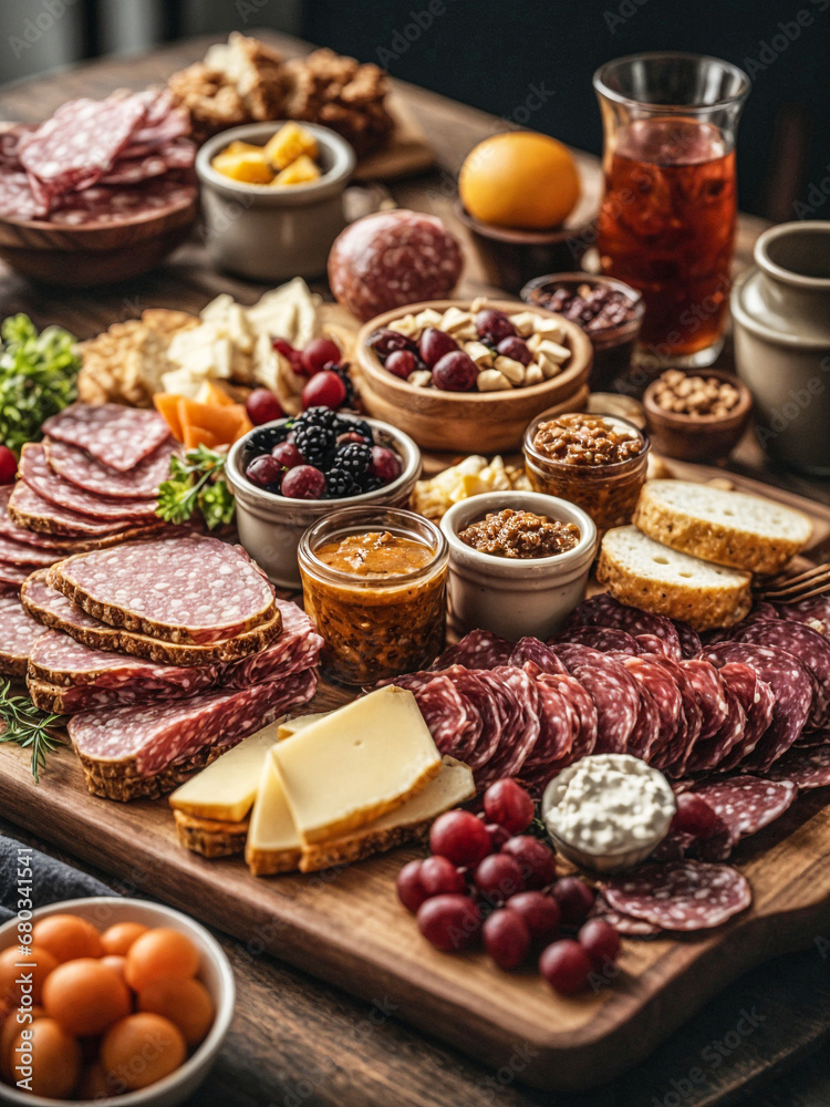 Charcuterie Board, beautifully arranged platter typically featuring a variety of cured meats, cheeses, fruits, nuts, spreads, and often accompanied by bread or crackers. Charcuterie Board, beautifully arranged platter typically featuring a variety of cured meats, cheeses, fruits, nuts, spreads, and often accompanied by bread or crackers.