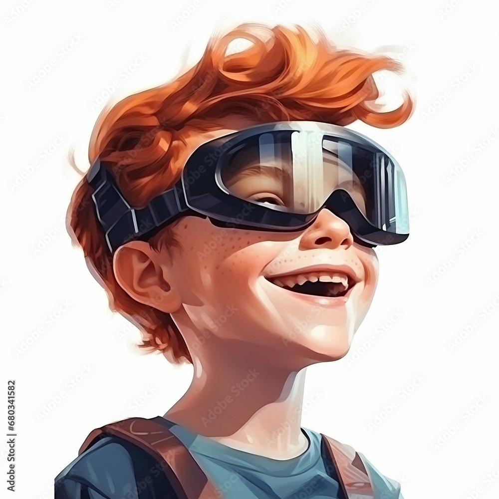Digital Adventure: Cheerful Ginger Boy with VR Glasses in a Virtual World. Generative ai Digital Adventure: Cheerful Ginger Boy with VR Glasses in a Virtual World. Generative ai