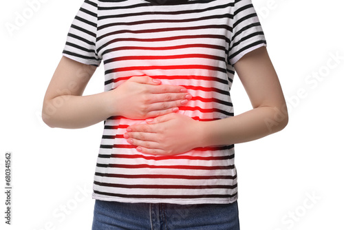 Woman suffering from stomach pain on white background, closeup