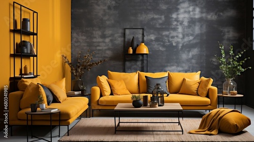 An urban scene ablaze with mustard and navy 