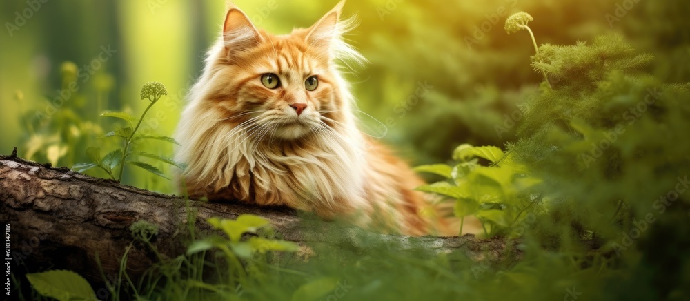 lush green woods, a magnificent Maine coon cat with its striking orange fur blended seamlessly with the beauty of nature, captivating all animals around.