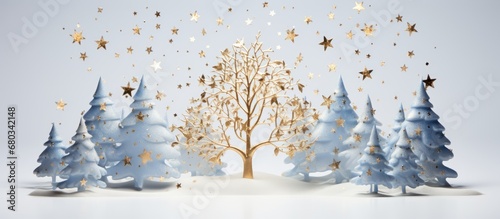 abstract and snowy winter landscape, a beautiful gold tree made of wood stands out against the white background, adorned with hand-painted blue stars, creating a mesmerizing Christmas card that photo