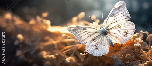 In the serene nature background, an isolated white butterfly, a majestic animal and delicate insect, showcases its intricate brown wings in mesmerizing macro detail.