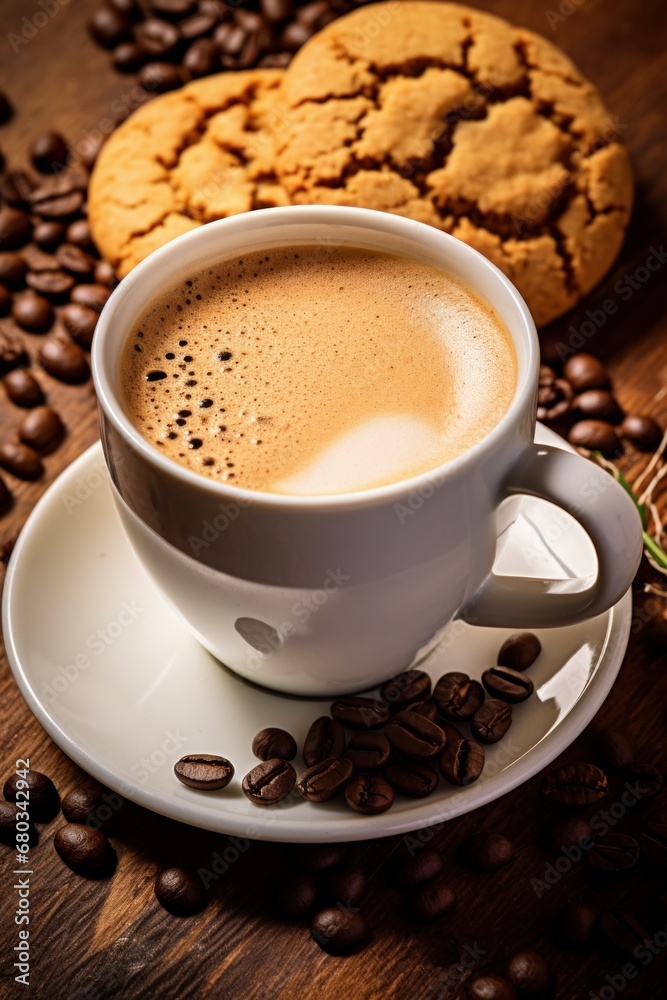 Breakfast coffee in white mug and cookies high view AI generated illustration Breakfast coffee in white mug and cookies high view AI generated illustration