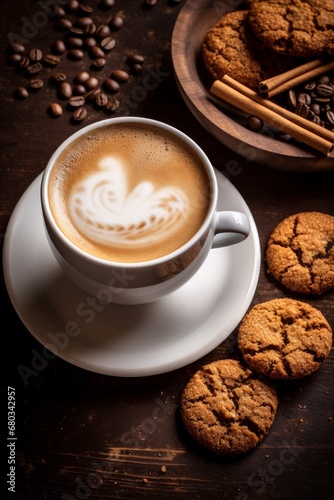 Breakfast coffee in white mug and cookies high view AI generated illustration