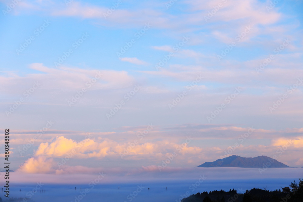 Fototapeta premium 朝日に照らさた雲海に浮かぶ弥彦山