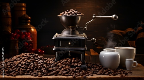 Coffee grinder and beans of coffee front view AI generated illustration