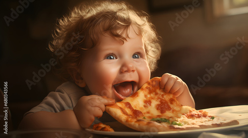 Beautiful cute baby eating slice of italian pizza
