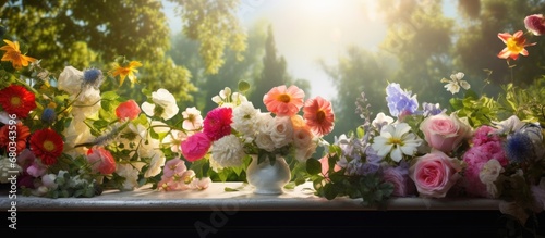 background of a vibrant garden filled with greenery and colorful blooms, a white floral arrangement sat elegantly on a table, a gift symbolizing love and beauty in natures embrace during the summer