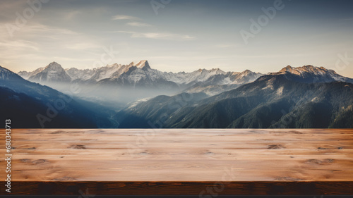 wooden table top with the mountain landscape, AI Generative.