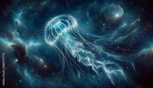 A jellyfish floats in the vastness of space, with its translucent, glowing body - Generative AI
