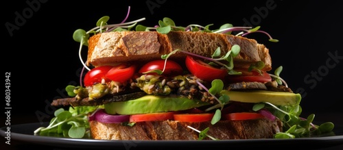 In a bustling restaurant, a customer ordered a healthy, organic meal a grilled vegetable sandwich loaded with green avocado, black bread, and plant-based meat the perfect choice for their nutritious photo