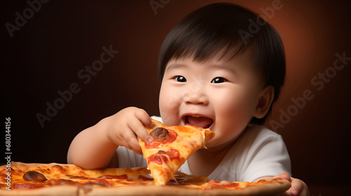 Cute chinese baby eating slice of pizza  ai generative