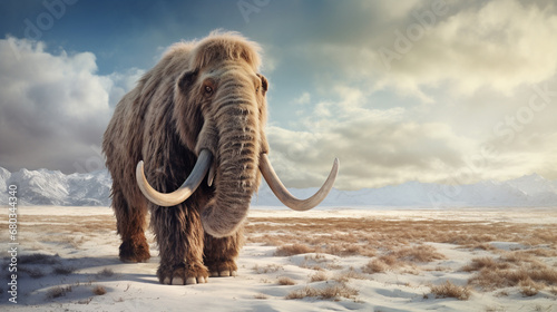 Mammoth on the snowy steppe. Prehistoric animals. Innovative AI.