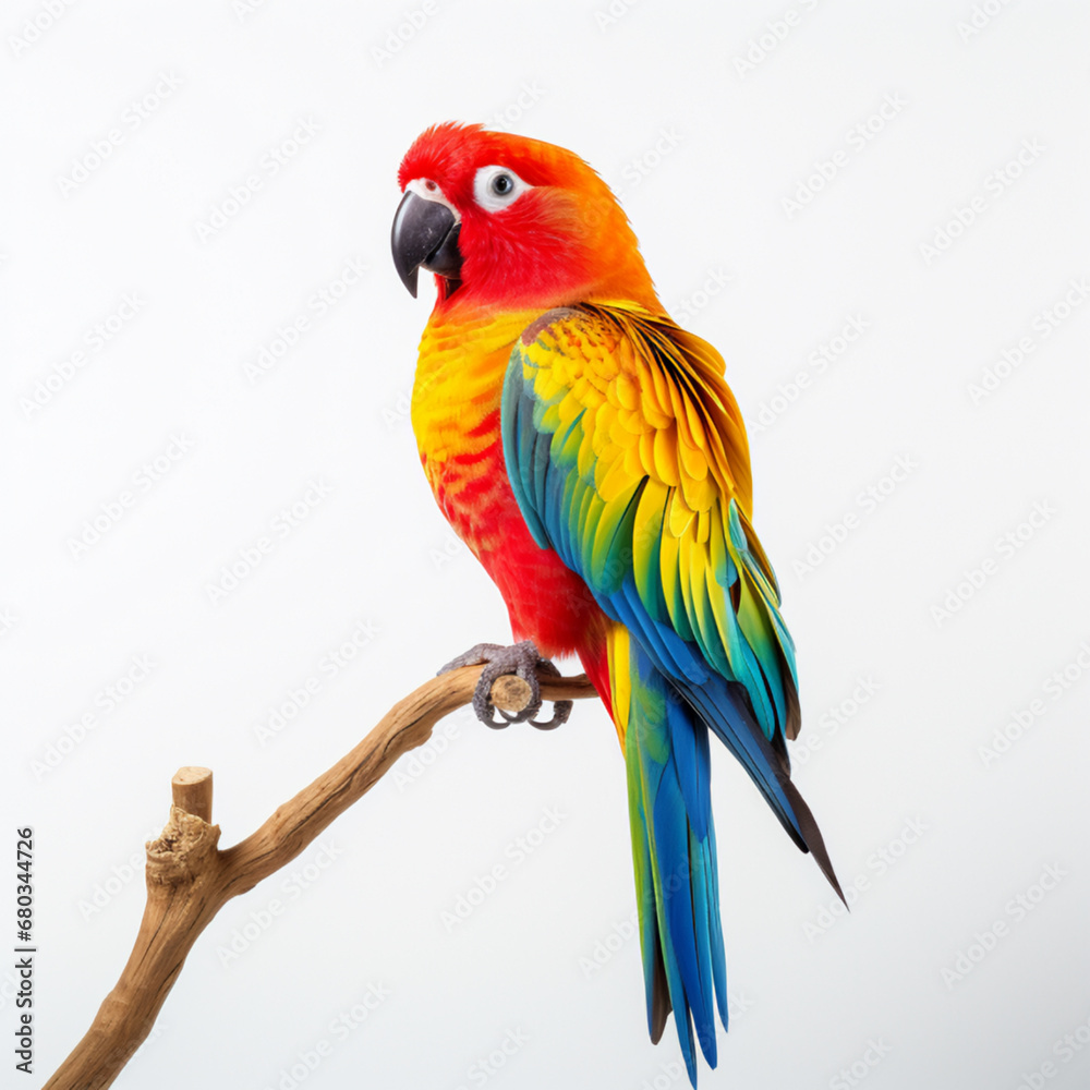colorful perched parot on white background, AI Generative.