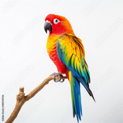 colorful perched parot on white background, AI Generative.