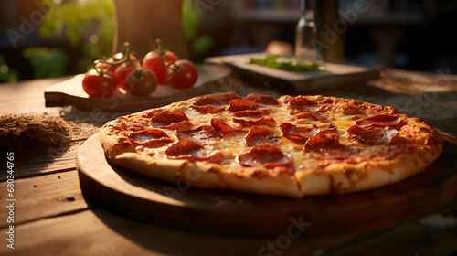 Delicious tasty of pepperoni pizza under wooden table photo