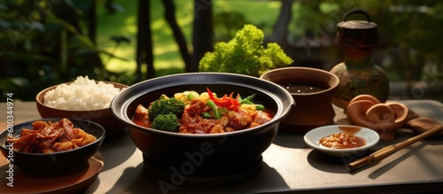 In the background of a lush, green Japanese garden, a menu showcasing a variety of Asian cuisine is displayed, including healthy options packed with vegetables and lean meats, perfect for a nutritious