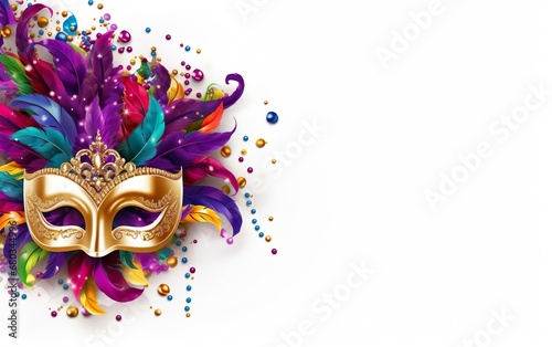 Happy Mardi Gras poster. Costume party banner template with a Venetian masquerade mask close up isolated on white background, copy space at the right. Face covering for carnivals. AI Generative