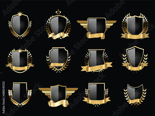 Luxury golden shield badges and labels. Retro vintage heraldic shield badge design