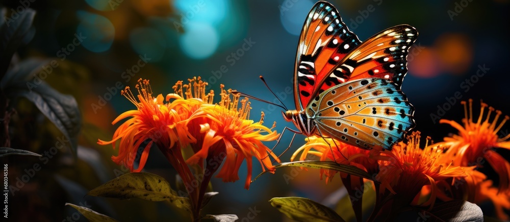In the vibrant garden, a beautiful butterfly fluttered gracefully among the tropical plants, drawn by the sweet nectar of a blooming banana flower, showcasing the vivid colors of nature during the