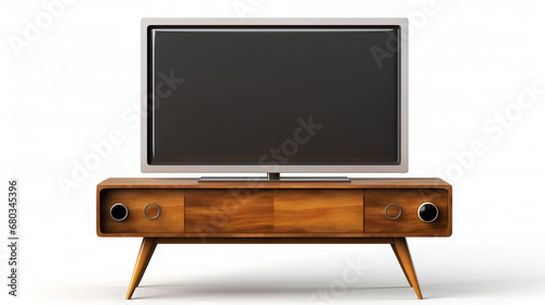 Wooden table holding a old tv, AI Generative.