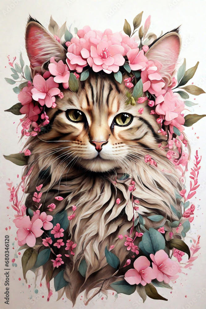 Fototapeta Сute cat illustration with flowers around. Illustration created using generative AI tools