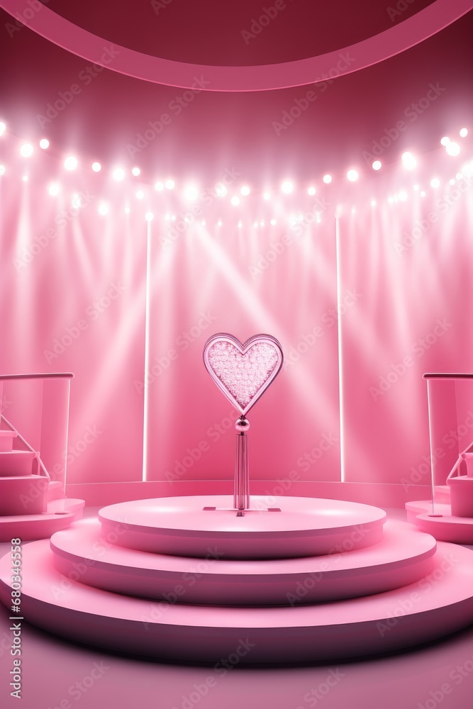 Podium enveloped in soft pink spotlights in a Valentines Day ambiance   AI generated illustration