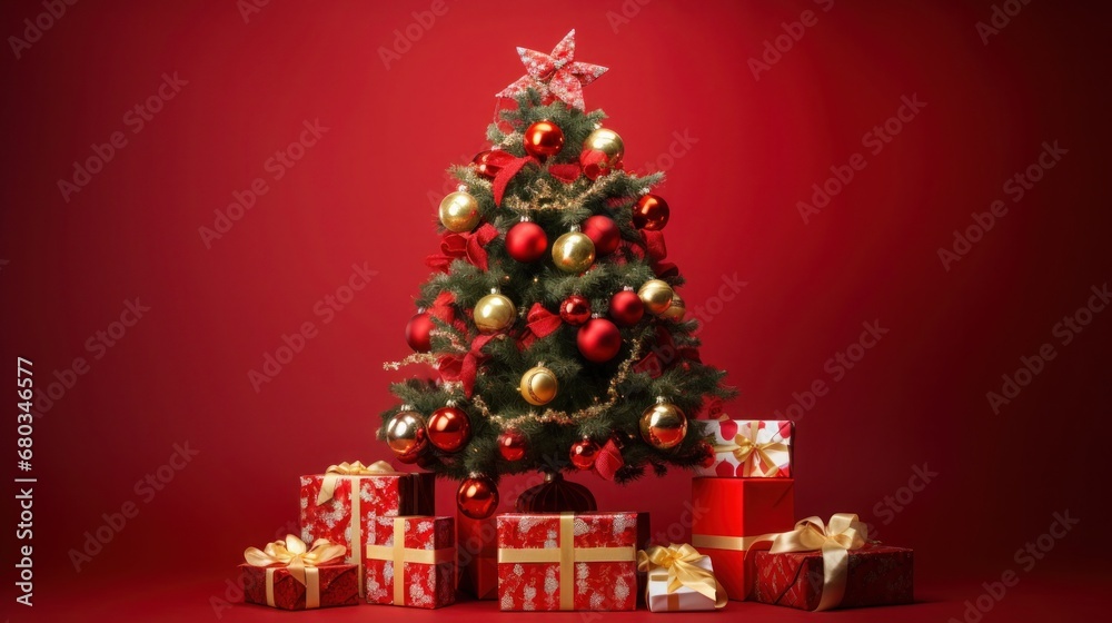 Merry Christmas, Christmas day, A Christmas tree decorated with luxurious and beautiful gifts. of Santa Claus for children to make them feel happy for a long time during the holidays. Generative AI