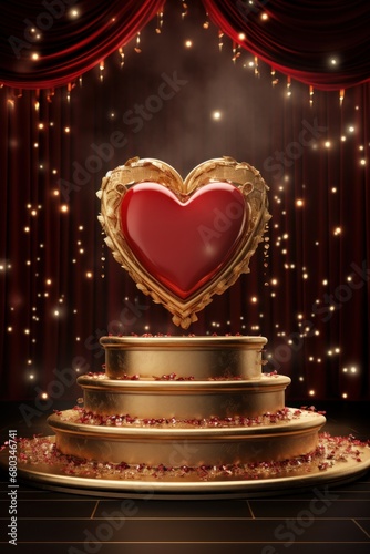 Podium with a backdrop of a golden heart for a Valentines themed showcase AI generated illustration