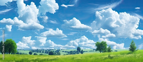 In the mesmerizing summer landscape, the white clouds adorned the blue sky, creating a breathtaking background that highlighted the beauty of natures vibrant colors, capturing the essence of the photo