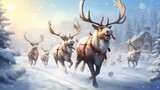 Rednosed reindeers playing in a snowy Christmas scenery   AI generated illustration