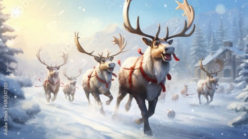 Rednosed reindeers playing in a snowy Christmas scenery   AI generated illustration photo