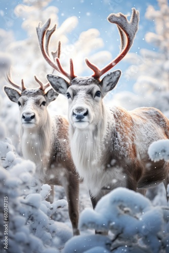 Rednosed reindeers playing in a snowy Christmas scenery AI generated illustration