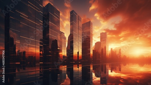 Skyscraper architecture shines in the sunset   AI generated illustration © ArtStage