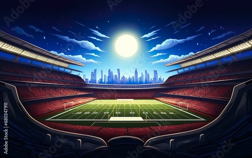 Super bowl graphic poster. American football stadium background for sport event banner full of people at night with city skyline at the background. Rugby championship competition banner. AI Generative