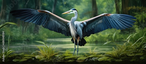 In the lush tropical forest, amidst the swaying grass and vibrant greenery, a majestic great blue heron soared gracefully, its magnificent wings and striking blue feathers a sight to behold for anyone photo